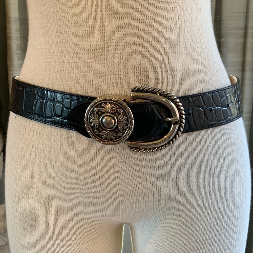 Yoel B. Los Angeles genuine leather black wide belt with gold decorative buckle
